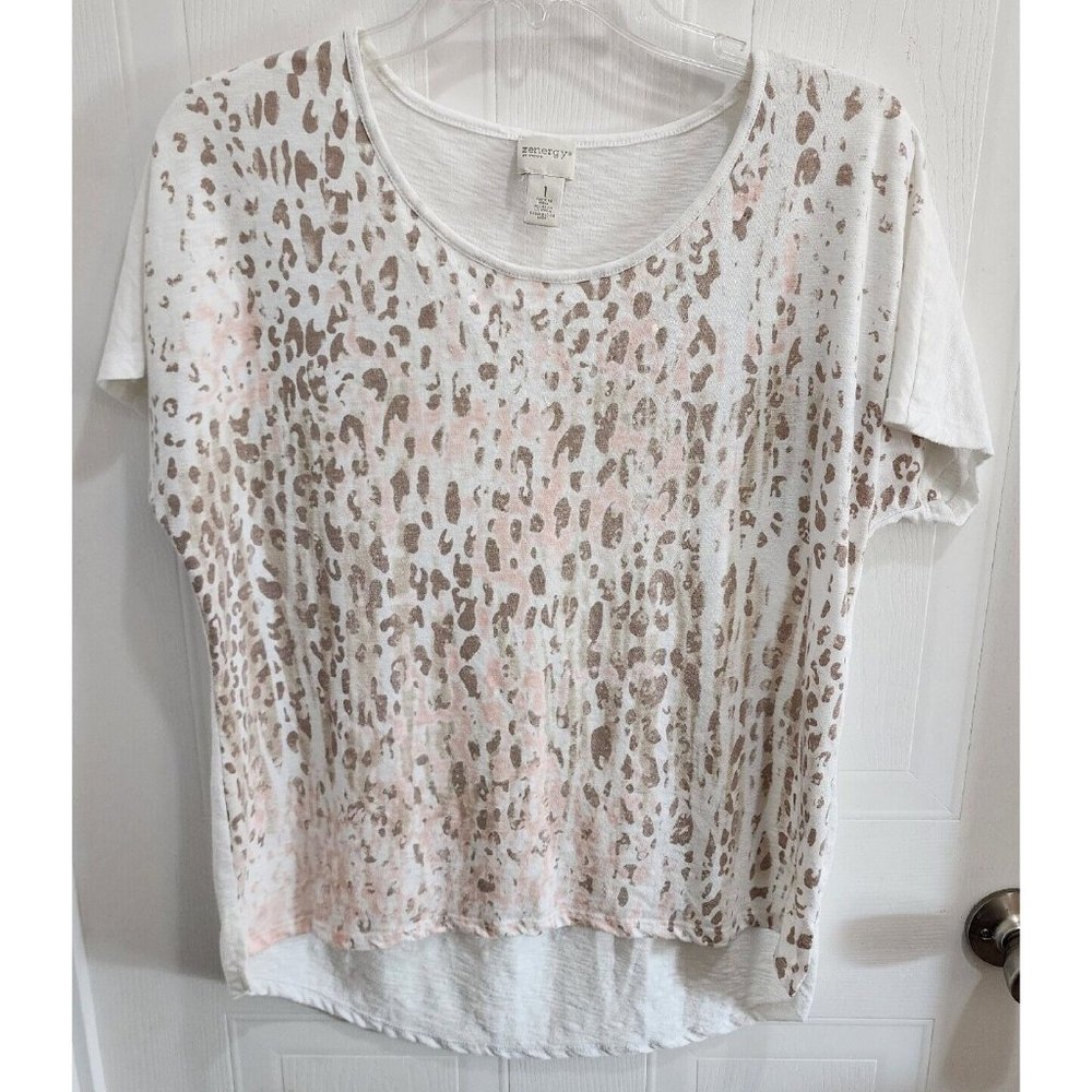 Zenergy by Chico's Women's Short Sleeve Top White‎ Animal Print Sequins Sz 1 (M)